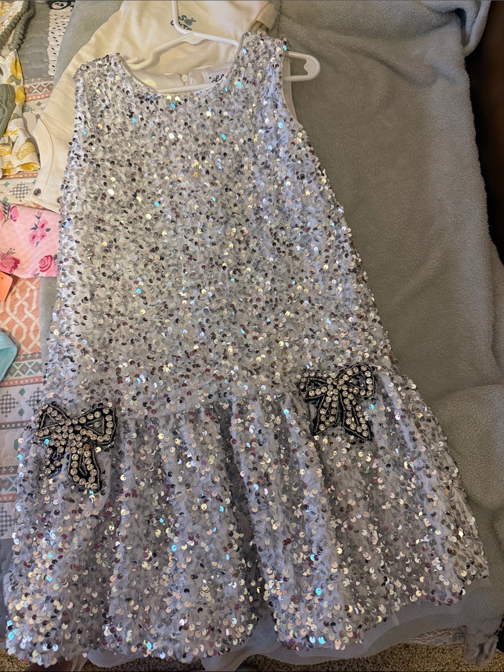 Lola + The Boys Silver Sequin Bow Appliqué Party Dress